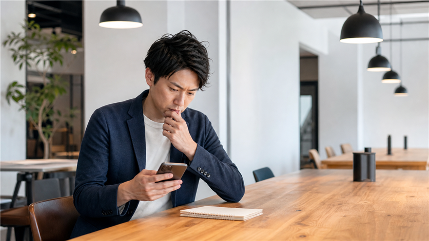 スマホのアプリ設定画面を真剣にチェックする男性