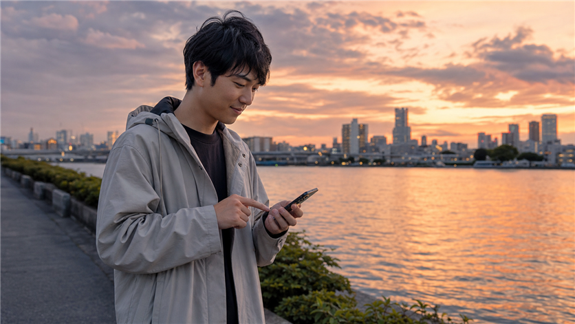 スマホとメモを見比べながらアプリを比較検討する男性
