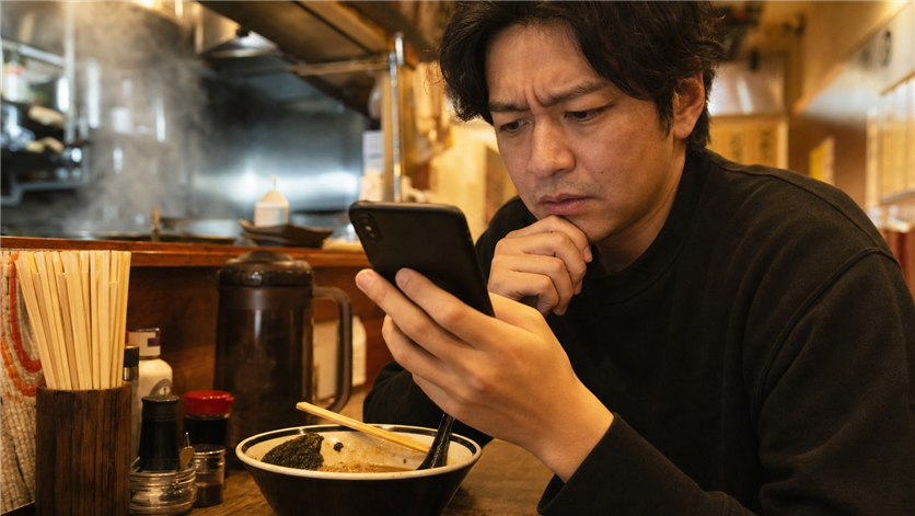 ラーメン屋で怪しいメッセージに眉をひそめる男性